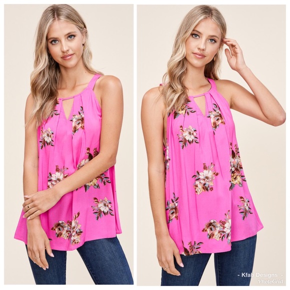 🥰LAST Pink Floral Pleated Keyhole Button Back Top - Picture 5 of 8